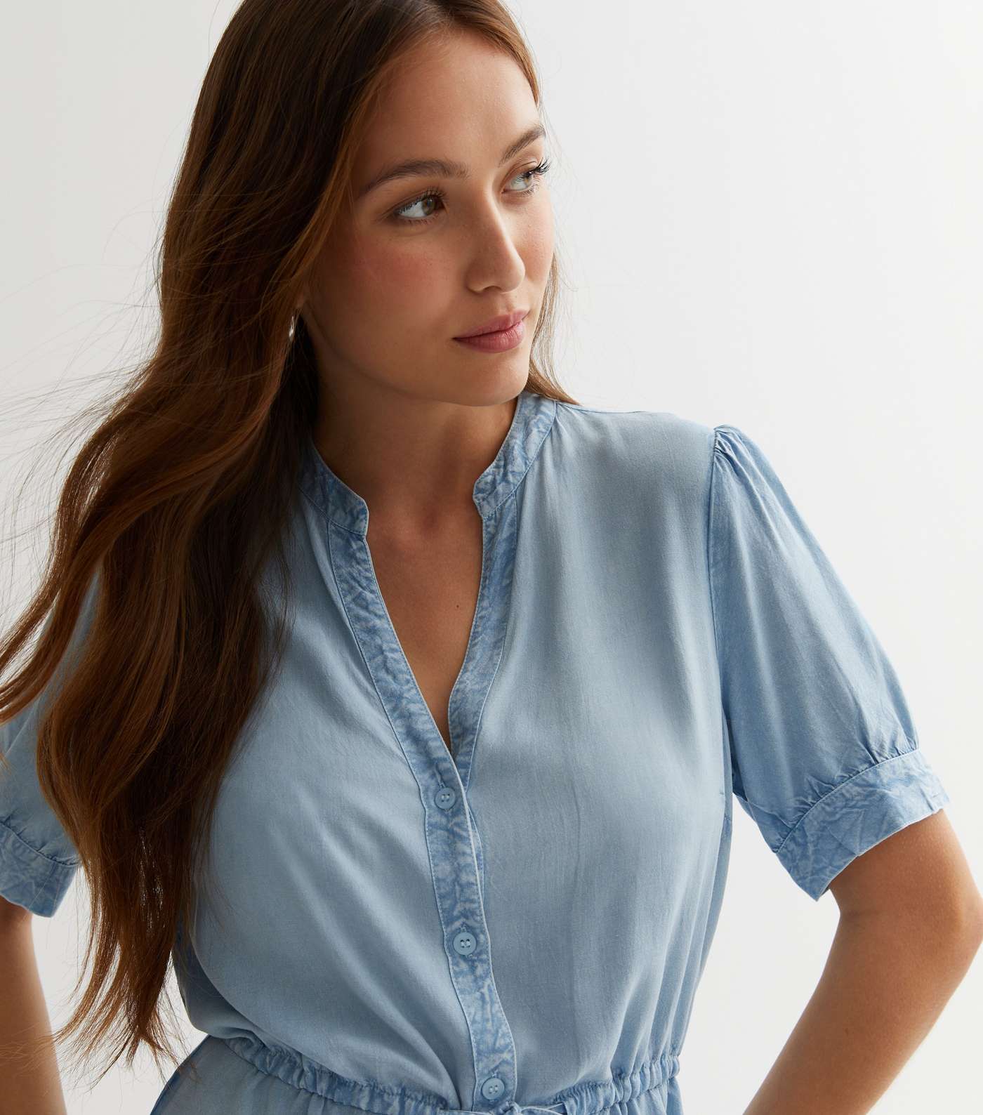 Blue Denim-Look Drawstring Mini Shirt Dress Image 2