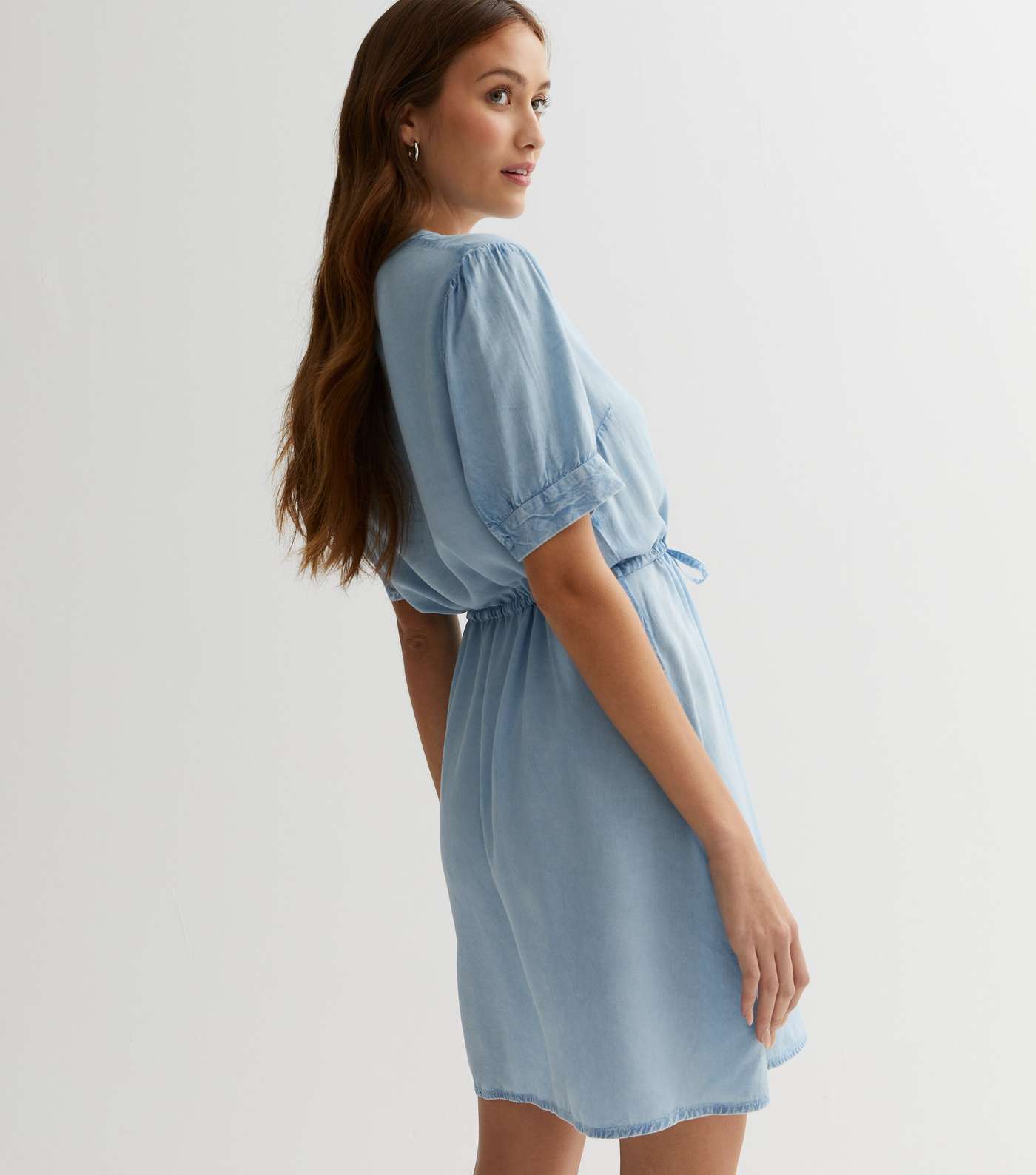 Blue Denim-Look Drawstring Mini Shirt Dress Image 4