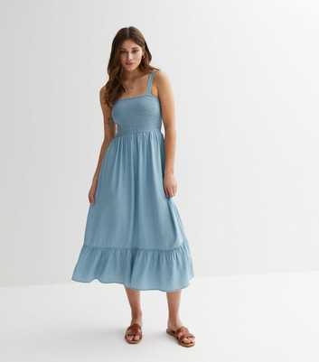 Blue Denim Shirred Tiered Midi Dress
