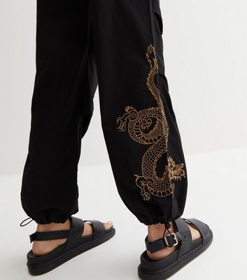 Black Dragon Embroidered Parachute Trousers | New Look