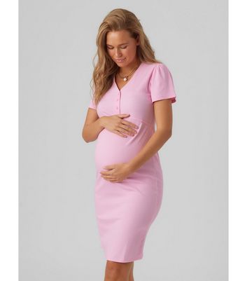 Mamalicious Maternity Pink Ribbed Button Front Mini Dress | New Look