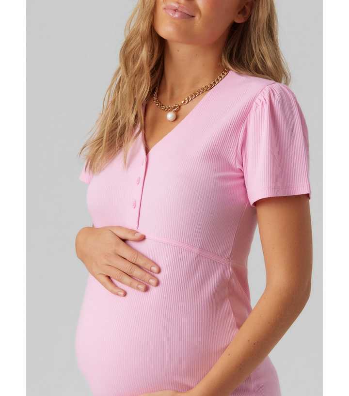 Mamalicious Maternity Pink Ribbed Button Front Mini Dress