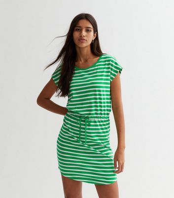 ONLY Green Stripe Drawstring Mini Dress New Look