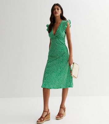 ONLY Green Ditsy Floral Frill Midi Dress | New Look