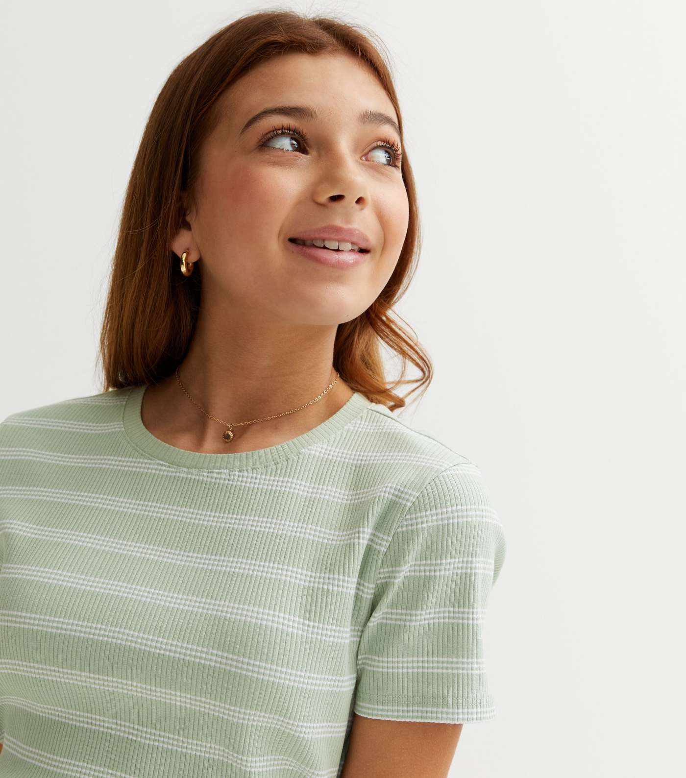 Girls Green Stripe Ribbed Short Sleeve T-Shirt