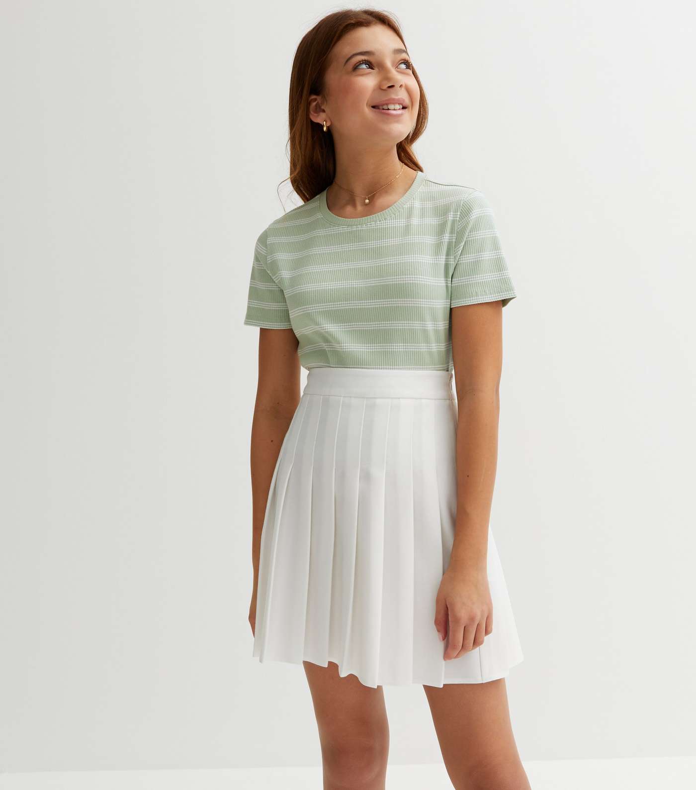 Girls Green Stripe Ribbed Short Sleeve T-Shirt Image 3