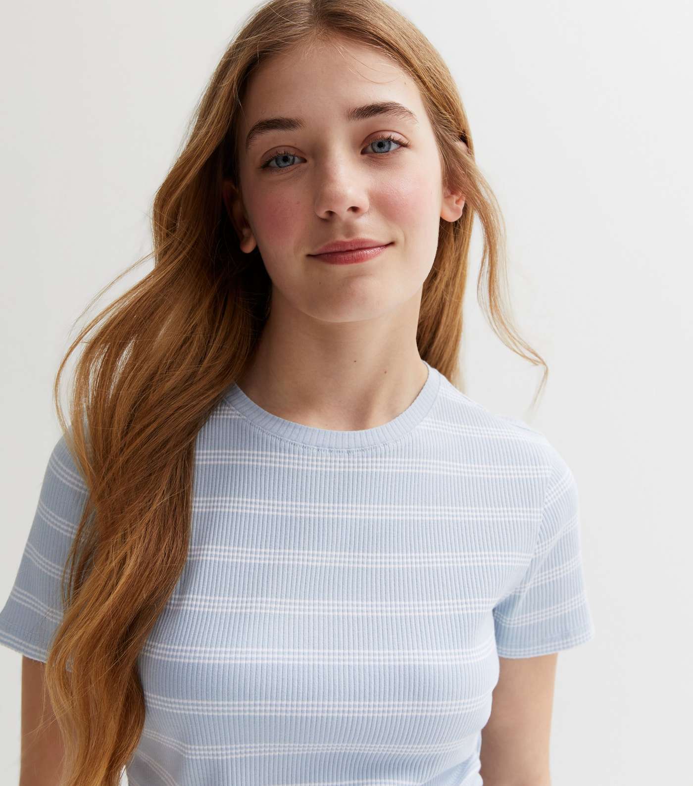 Girls Blue Stripe Ribbed Short Sleeve T-Shirt Image 2