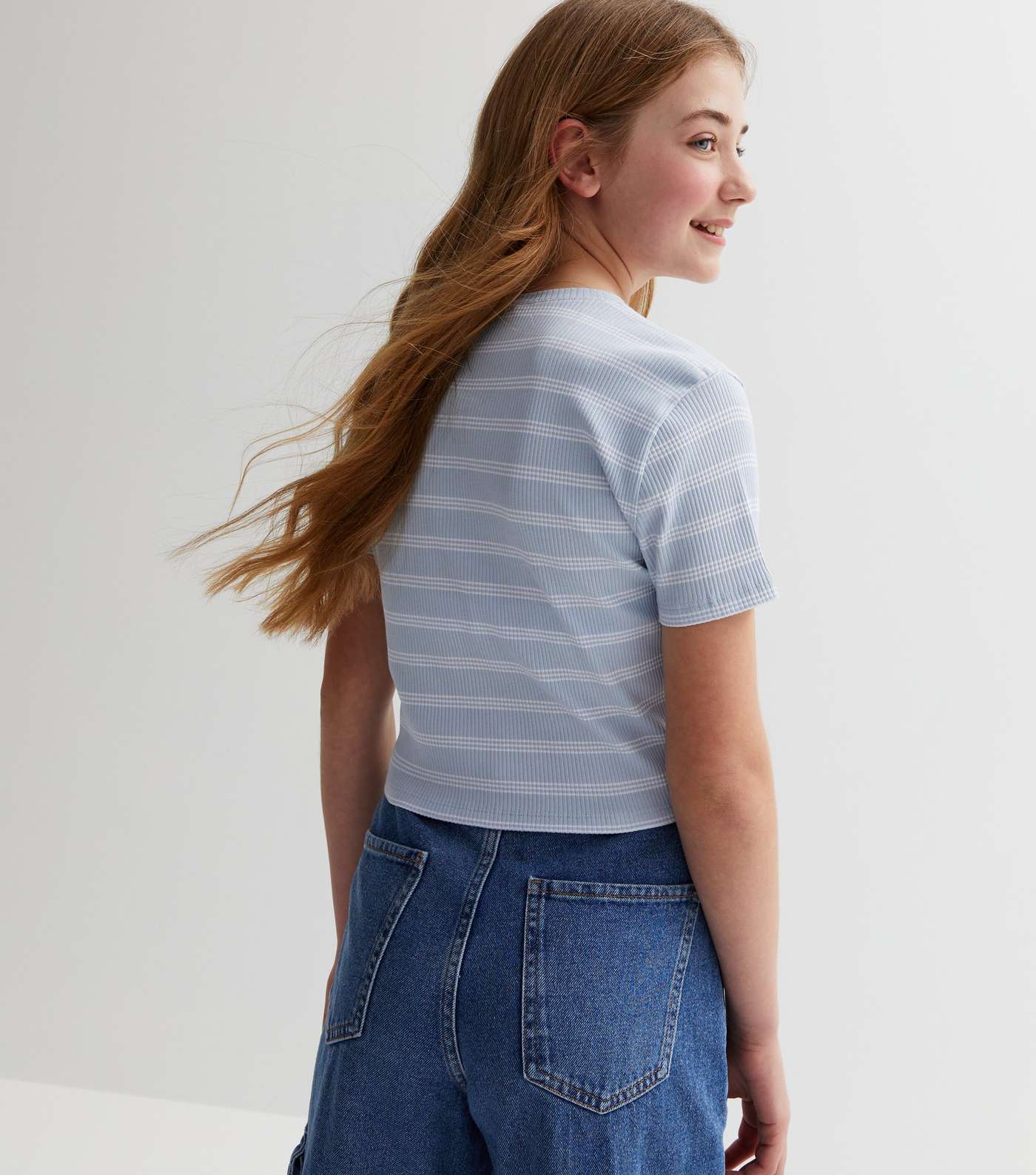 Girls Blue Stripe Ribbed Short Sleeve T-Shirt Image 4