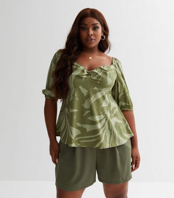 Curves Green Abstract Twist Peplum Blouse New Look
