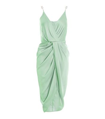 QUIZ Petite Light Green Satin Midi Wrap Dress New Look