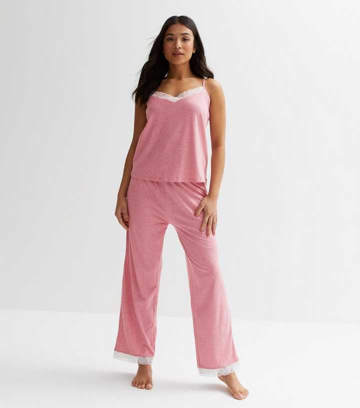 Petite Pink Cami Pyjama Set with Lace Trim