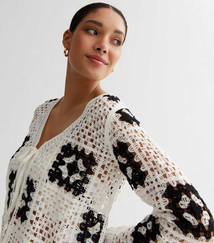 White Abstract Crochet Cardigan | New Look