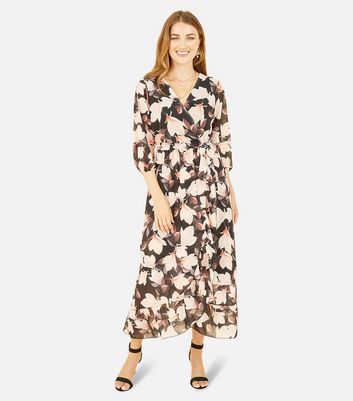 Yumi Black Floral Chiffon Frill Midi Wrap Dress | New Look