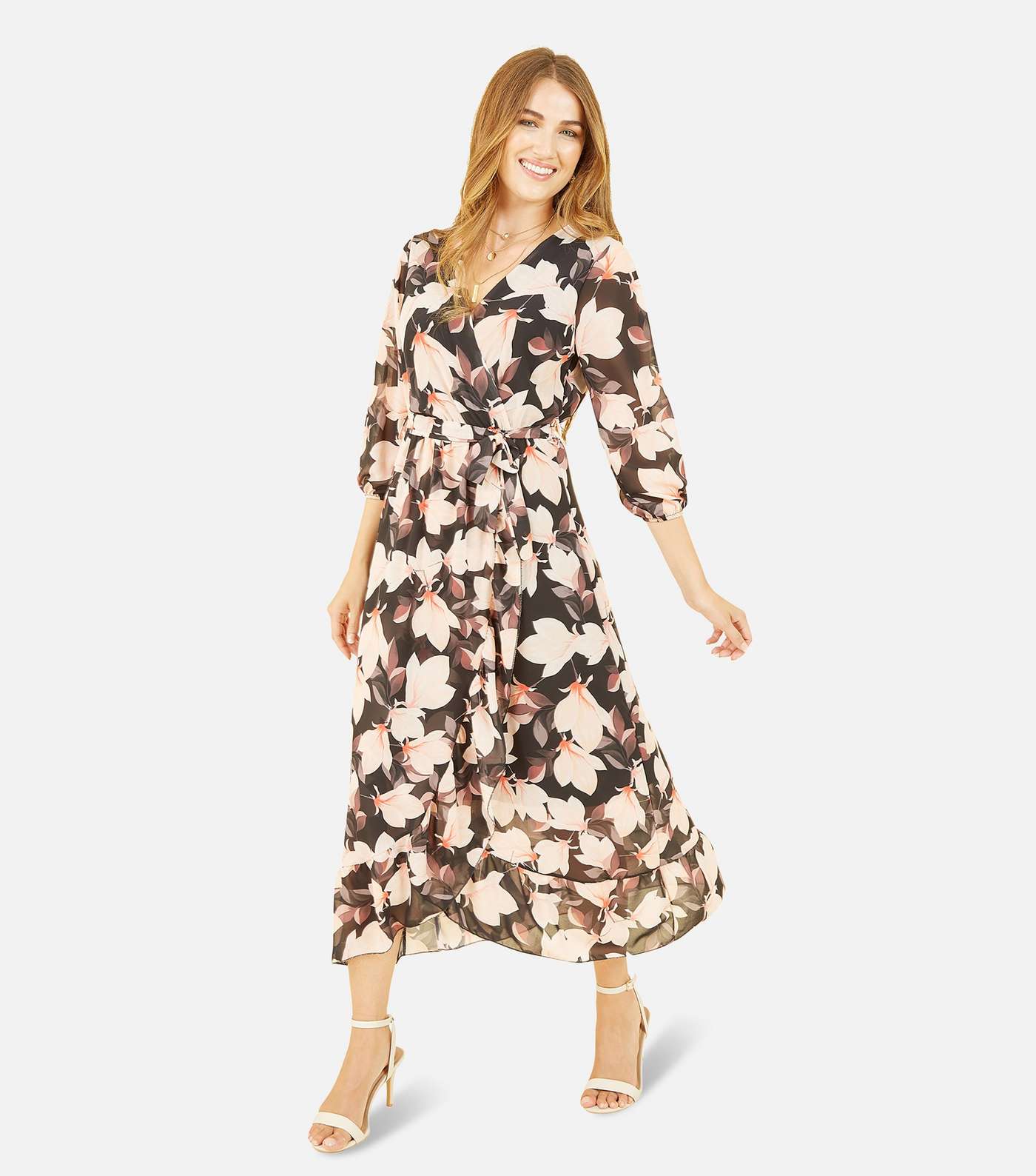 Yumi Black Floral Chiffon Frill Midi Wrap Dress | New Look
