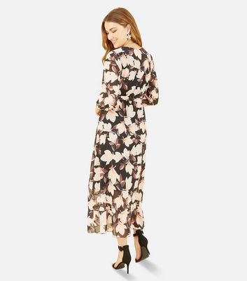 Yumi Black Floral Chiffon Frill Midi Wrap Dress | New Look