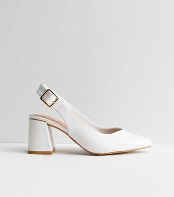 White Leather-Look Slingback Block Heel Court Shoes