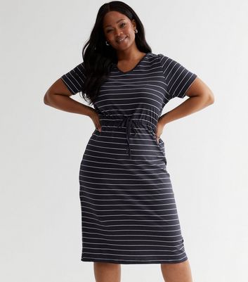 ONLY Curves Navy Stripe Jersey Drawstring Midi Dress New Look