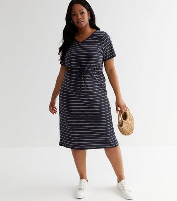 ONLY Curves Navy Stripe Jersey Drawstring Midi Dress | New Look