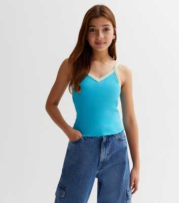 Girls Turquoise Ribbed Jersey Lace Trim Cami