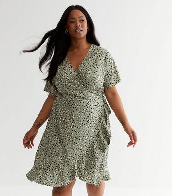 ONLY Curves Green Animal Print Frill Mini Wrap Dress New Look