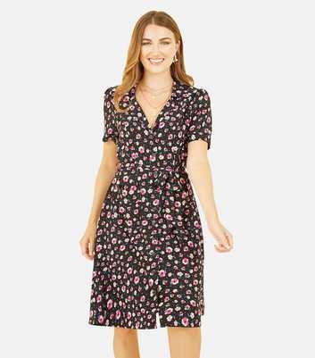 Yumi Black Floral Tie Waist Midi Shirt Dress
