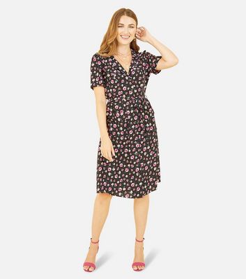 Yumi Black Floral Tie Waist Midi Shirt Dress | New Look
