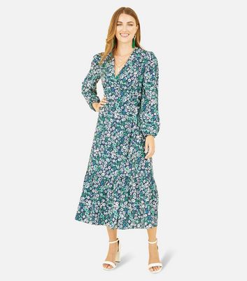 Yumi Green Ditsy Floral Tiered Midi Wrap Dress New Look