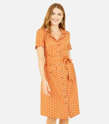 Yumi Orange Spot Revere Collar Short Sleeve Belted Mini Shirt Dress