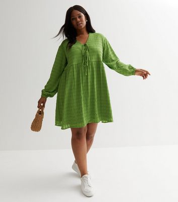 Curves Green Textured Tie Front Mini Smock Dress New Look