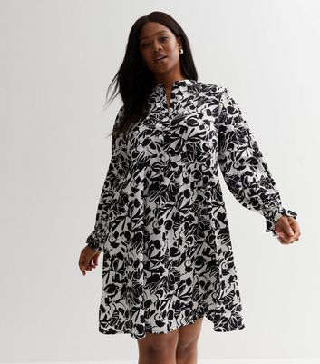 Curves Black Abstract Button Front Mini Smock Dress New Look