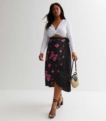 Curves Black Floral Spot Midi Wrap Skirt