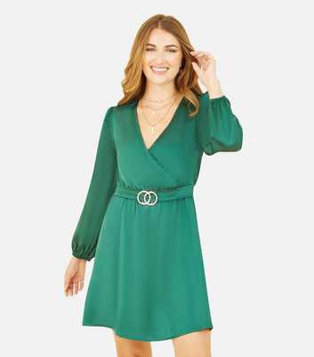 Mela Dark Green V Neck Long Sleeve Belted Mini Wrap Dress