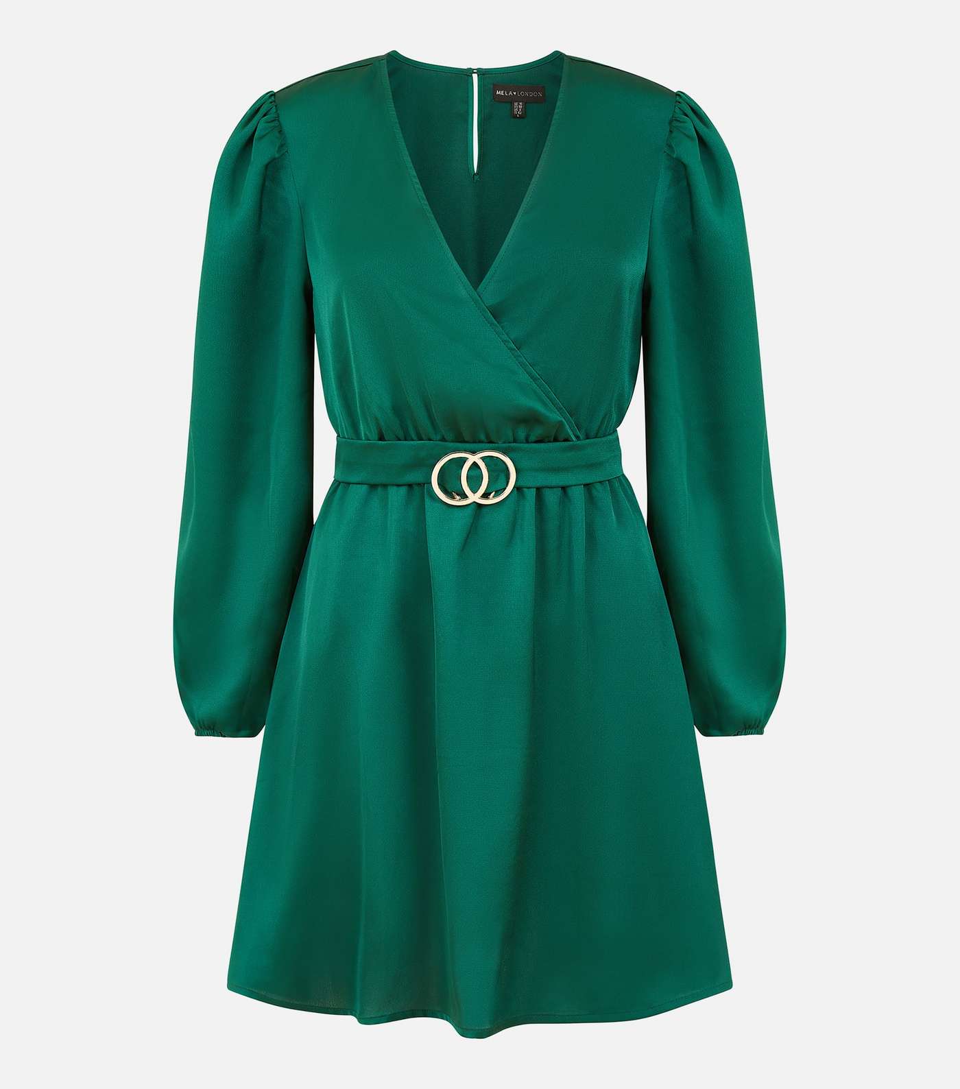 Mela Dark Green V Neck Long Sleeve Belted Mini Wrap Dress Image 6