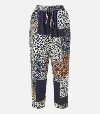 Yumi Navy Leopard Print Patchwork Tie Waist Crop Trousers