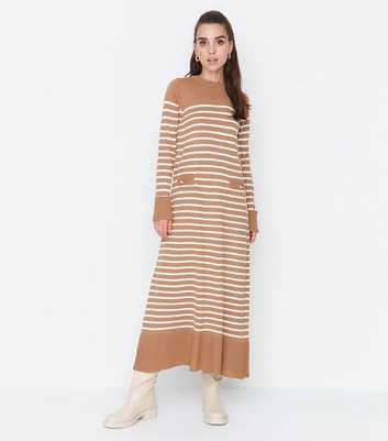 Trendyol Camel Stripe Knit Pocket Button Maxi Dress