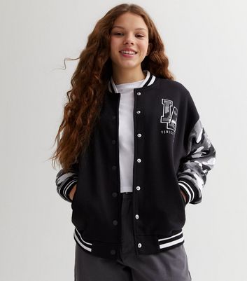 Girls Black LA Varsity Camo Sleeve Bomber Jacket New Look