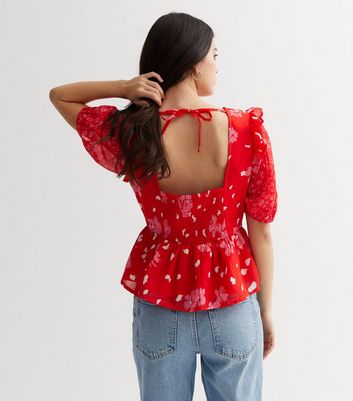 Red Mixed Floral Peplum Top New Look
