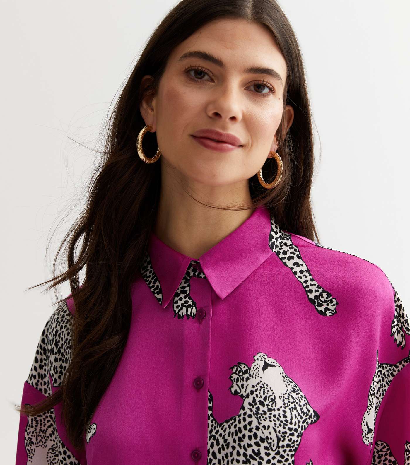 Pink Leopard Print Satin Oversized Shirt Image 2