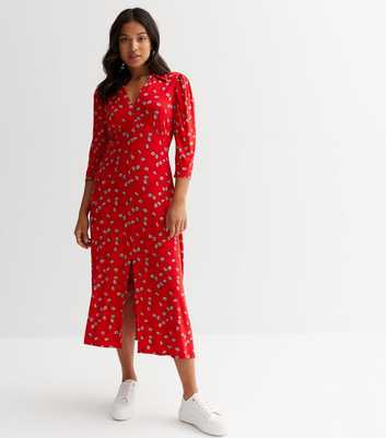 Petite Red Floral Collared 3/4 Sleeve Midi Dress