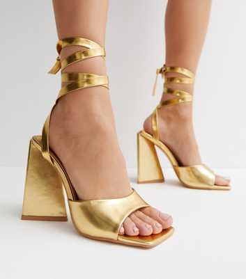 Public Desire Gold Ankle Tie Block Heel Sandals