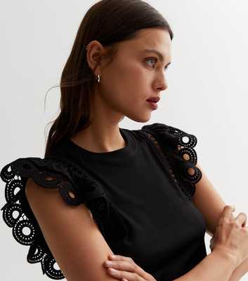 Black Ribbed Jersey Embroidered Ruffle Sleeve T-Shirt