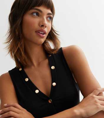 Black Ribbed Jersey Sleeveless Button Front Bodysuit