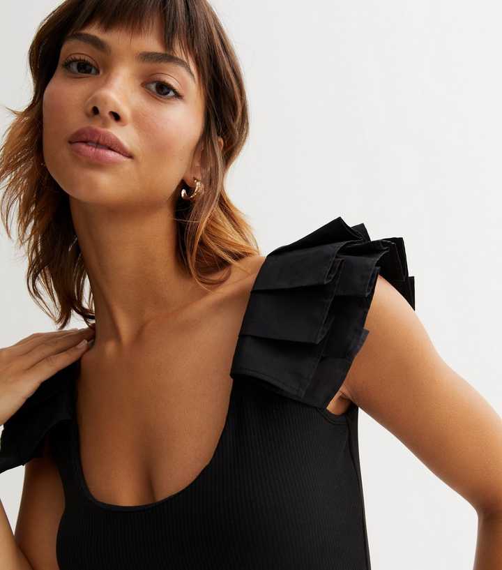 Black Poplin Frill Sleeve Bodysuit