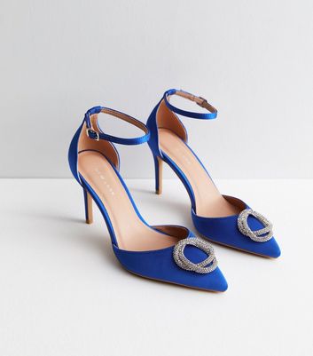 Blue Satin Embellished Slingback Heels |