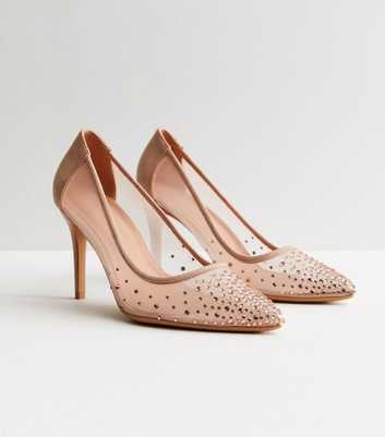 Pale Pink Mesh Embellished Stiletto Heel Court Shoes