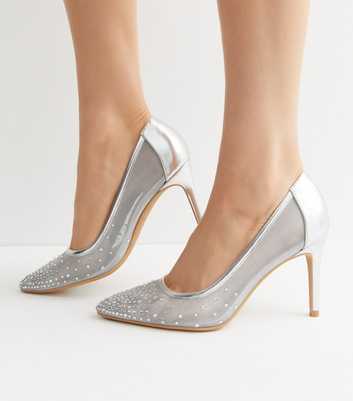 Silver Mesh Diamanté Stiletto Heel Court Shoes