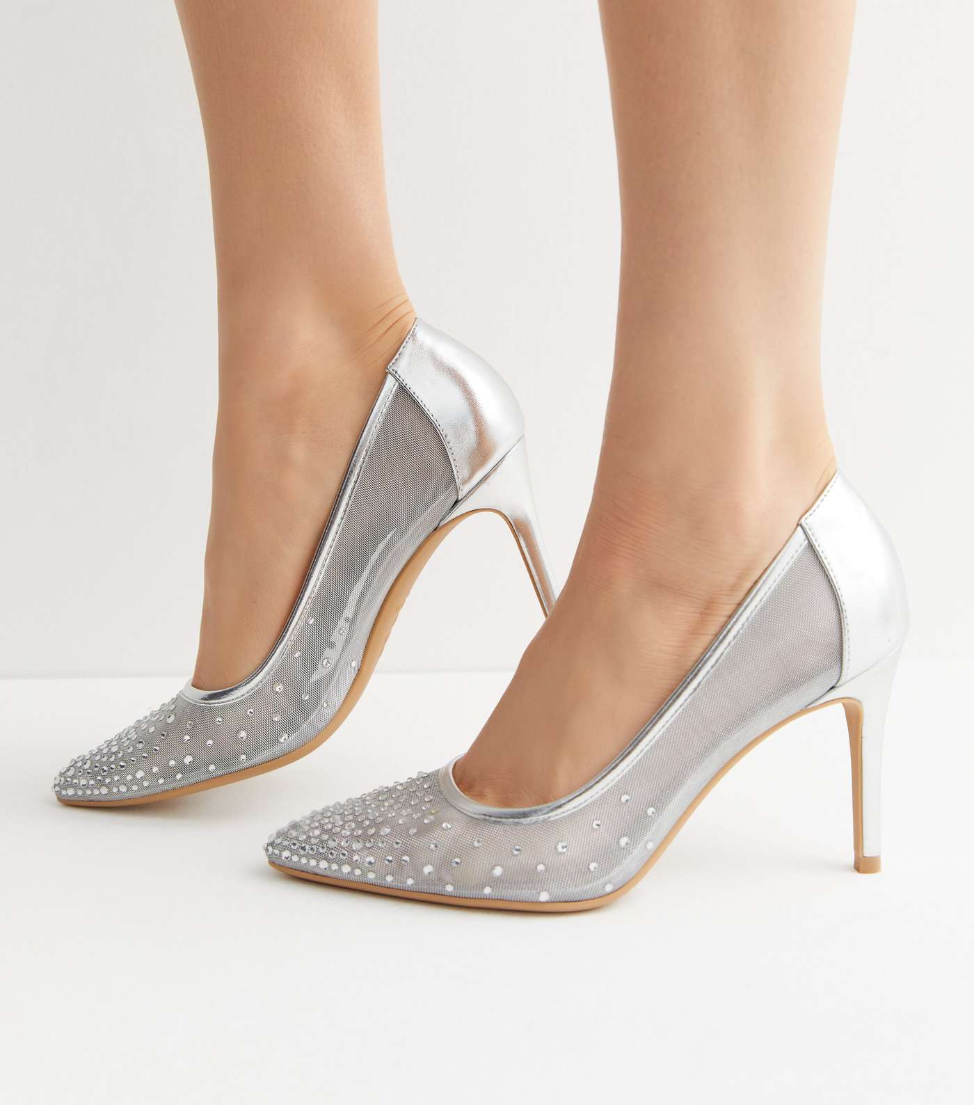 Silver Mesh Diamanté Stiletto Heel Court Shoes Image 2
