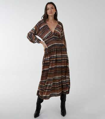 Blue Vanilla Brown Stripe Shirred Frill V Neck Midi Dress