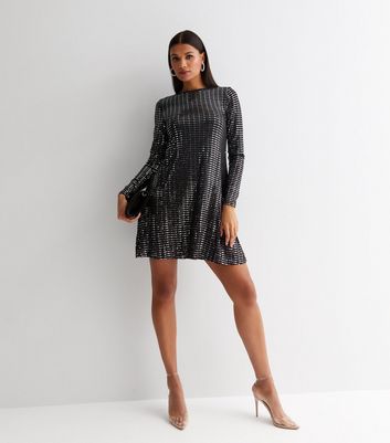 Blue Vanilla Silver Metallic Long Sleeve Mini Swing Dress