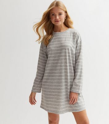 Light Grey Stripe Jersey Long Sleeve Mini Dress